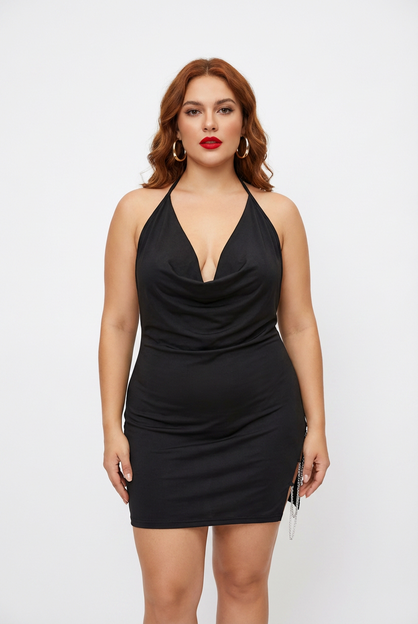 Woman wearing a black dress with a plunging neckline on a white background