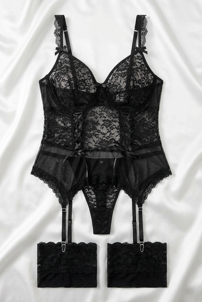 Floral Lace Corset & Garter Belt Lingerie Set