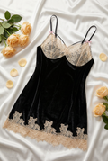 French Velvet Open-Back Slip Dress with Lace Hem