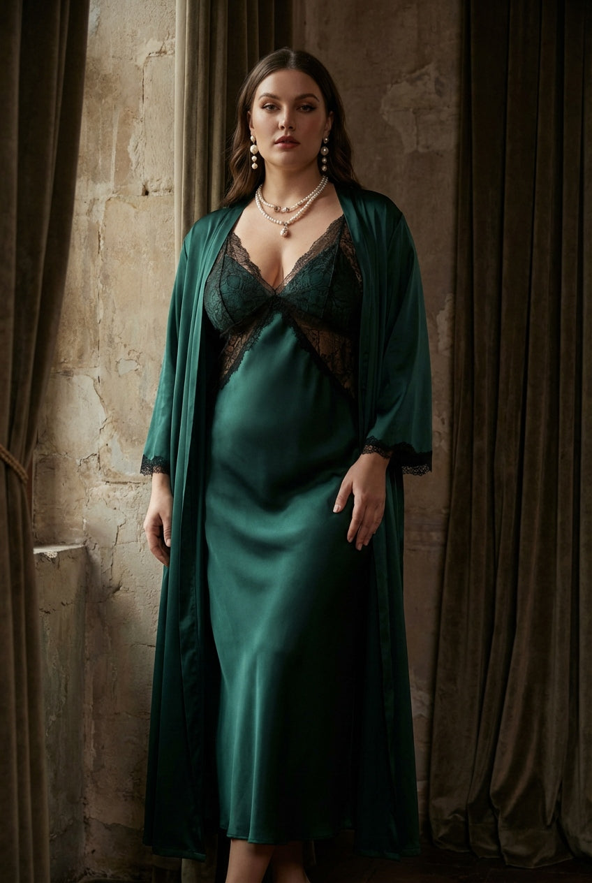 Woman wearing a green satin dress with a matching robe in a warm-toned room.