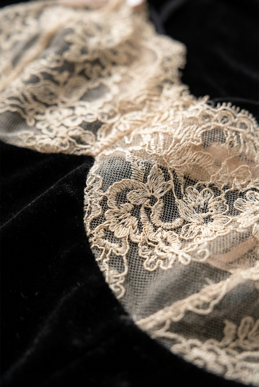 French Velvet Open-Back Slip Dress with Lace Hem