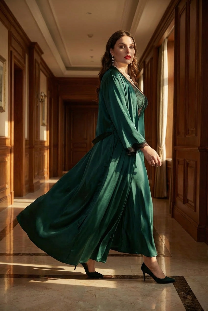 Silk-Touch Lace-Back Maxi Slip Dress & Robe Set