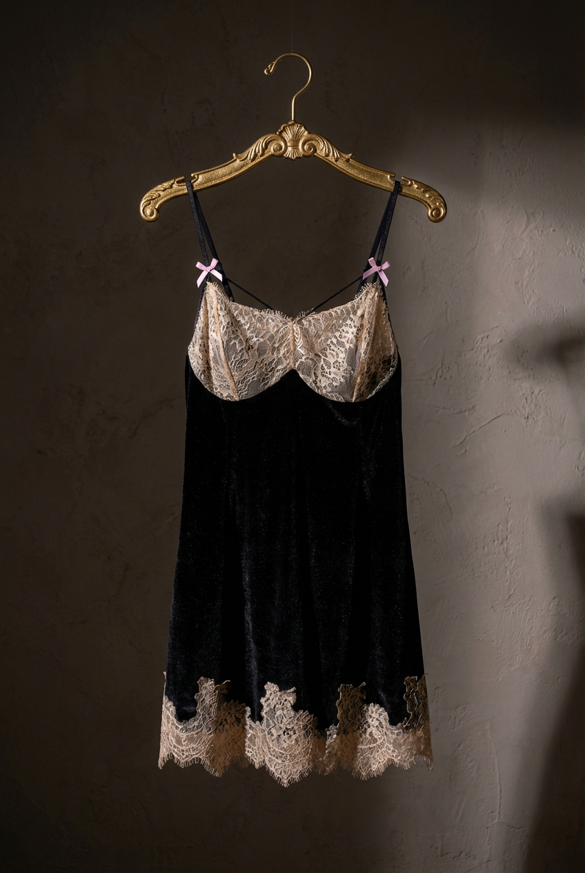 French Velvet Open-Back Slip Dress with Lace Hem