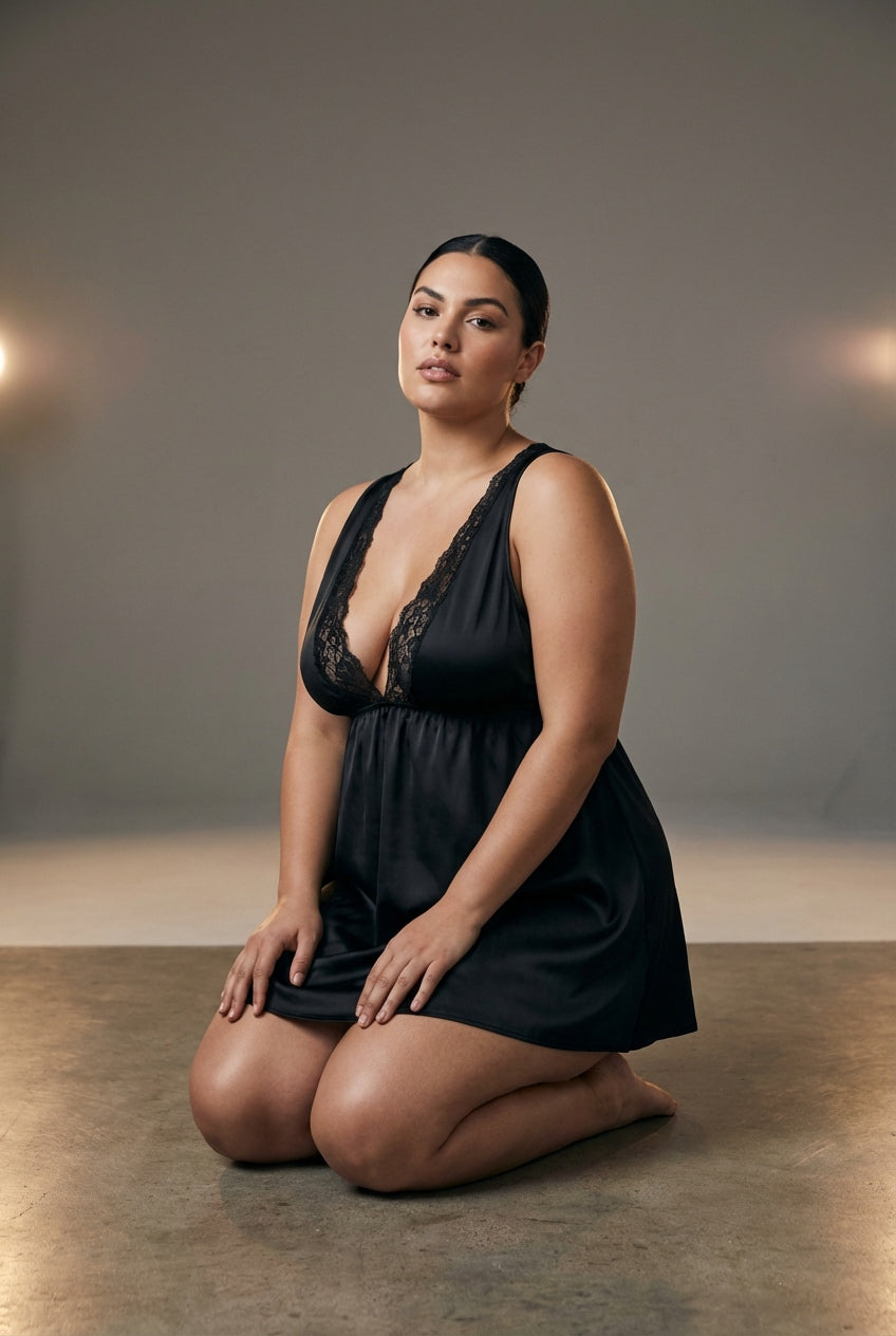 Deep-V Satin & Lace Slip Dress