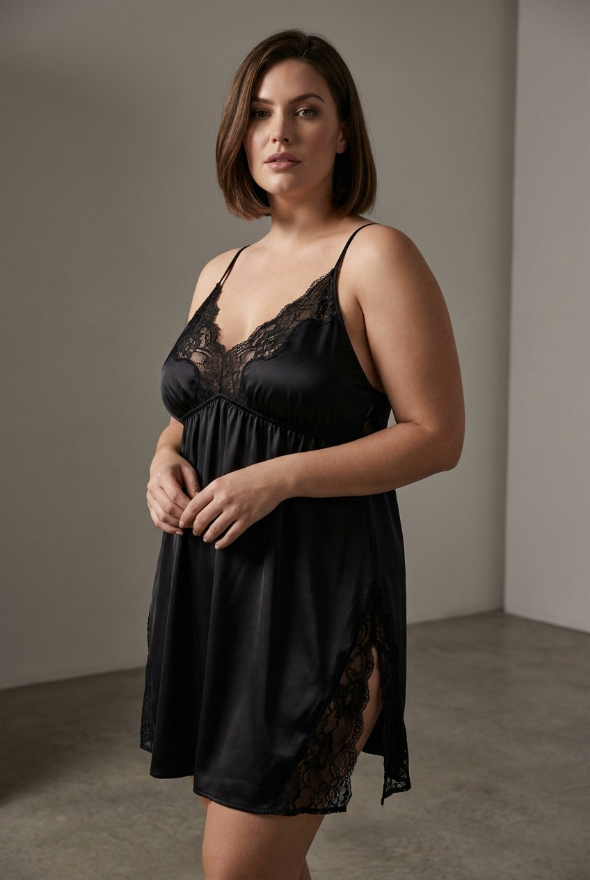 Deep-V Satin & Lace Slip Dress
