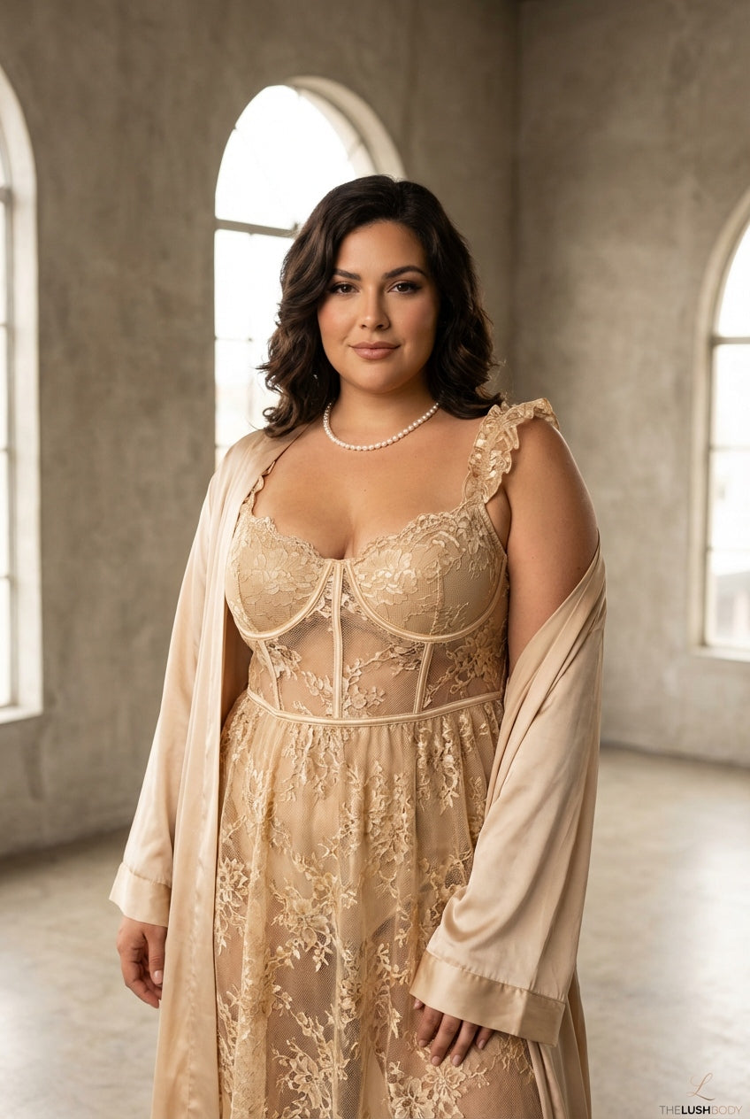 Petal Reverie Deep-V Mesh Slip Dress & Robe Set