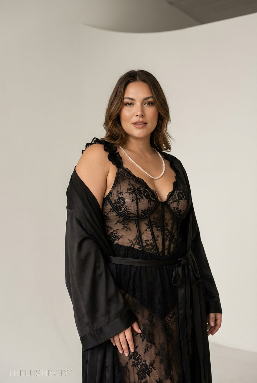 Petal Reverie Deep-V Mesh Slip Dress & Robe Set