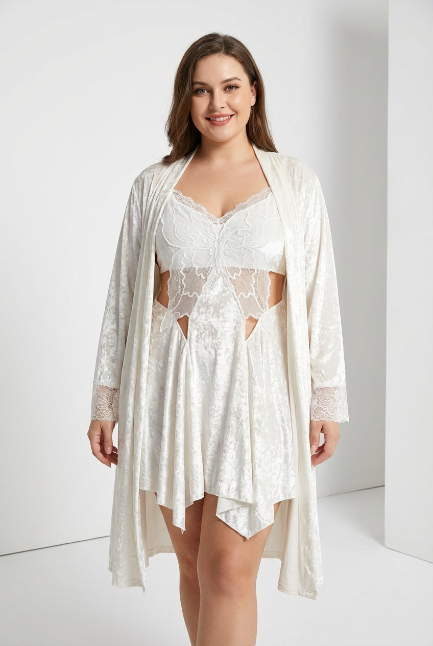 Butterfly Embroidery Velvet Slip Dress & Robe Set