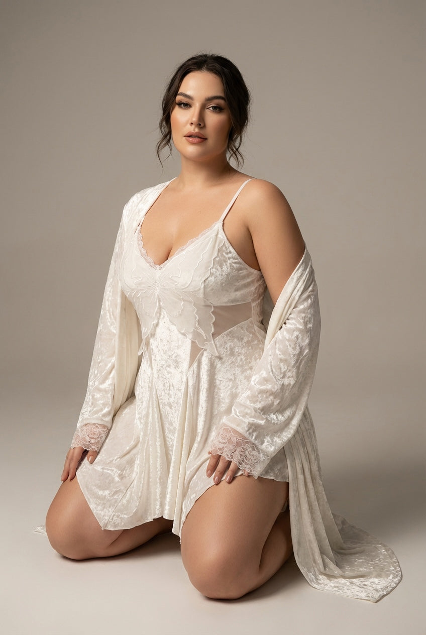 Butterfly Embroidery Velvet Slip Dress & Robe Set