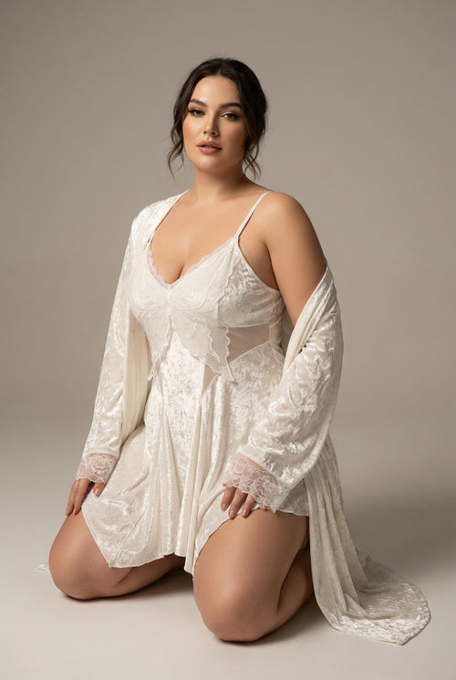 Butterfly Embroidery Velvet Slip Dress & Robe Set