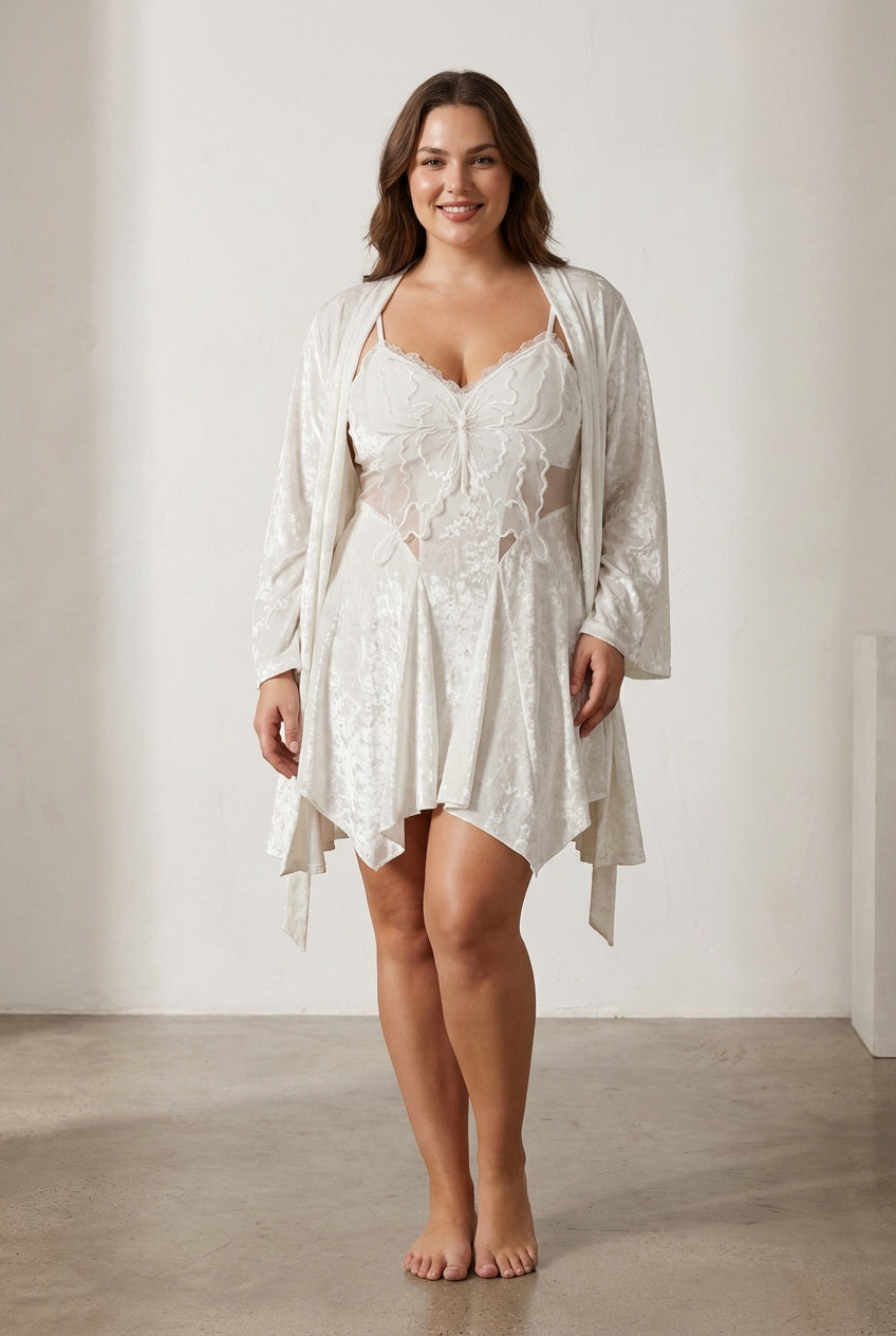 Butterfly Embroidery Velvet Slip Dress & Robe Set